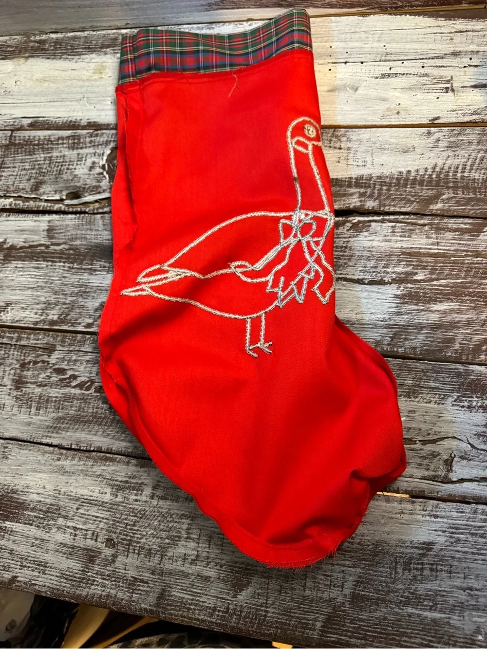 Source Unknown Red Holiday Goose Stocking with Plaid Cuff